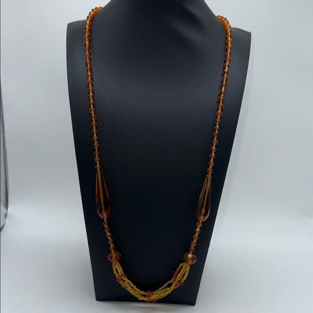 Pretty long amber/ brown colored beaded necklace boho hippie western